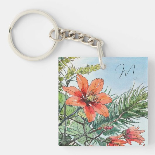 Porte-clés Aquarelle illustrée Botanique Orange Floral (Devant)