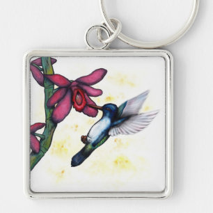Porte-clés aquarelle imaginaire volant colibri et orchidée