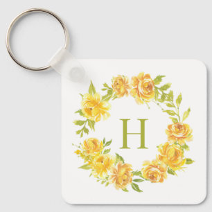 Porte-clés Aquarelle jaune Roses Floral Wreath Monogramme