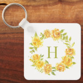 Porte-clés Aquarelle jaune Roses Floral Wreath Monogramme (Recto)