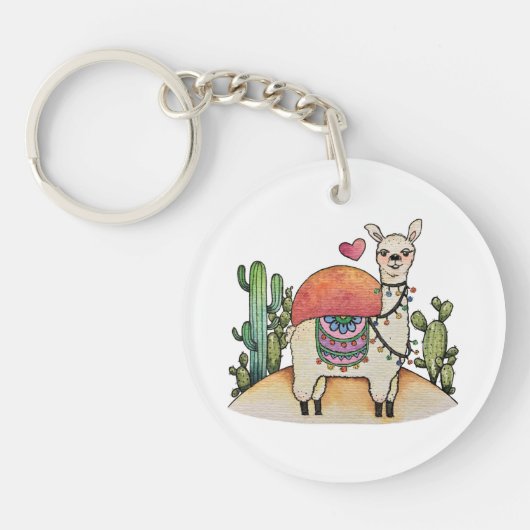 Porte-clés Aquarelle Llama Avec Cactus (Devant)