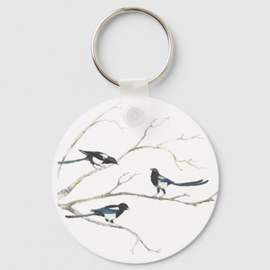 Porte-clés Aquarelle Magpie Oiseau Famille Animal (Recto)