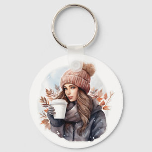 Porte-clés Aquarelle mode hiver fille avec café
