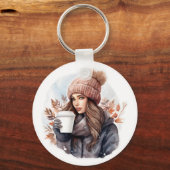 Porte-clés Aquarelle mode hiver fille avec café (Recto)
