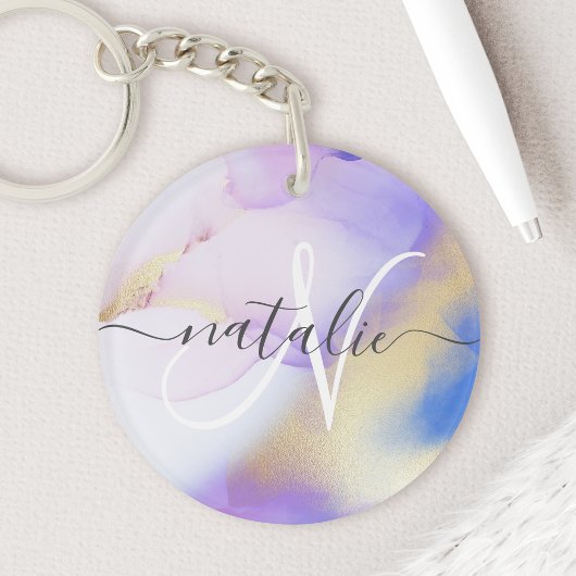 Porte-clés Aquarelle Or Violet Luxe Personnalisé Nom Monogram