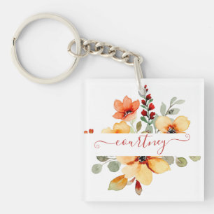 Porte-clés Aquarelle orange vif floral personnalisé