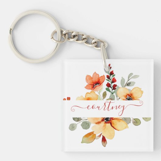 Porte-clés Aquarelle orange vif floral personnalisé (Devant)