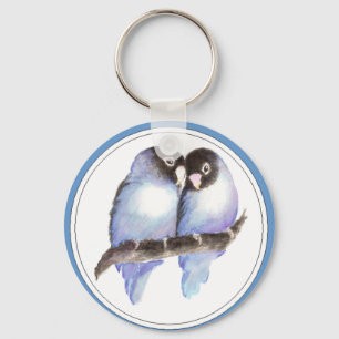 Porte-clés Aquarelle originale Bleu Lovebirds, Oiseau