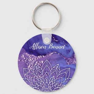 Porte-clés Aquarelle personnalisée violet blanc Mandala
