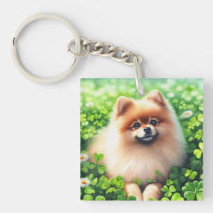 Porte-clés Aquarelle Pomeranian Shamrock vert