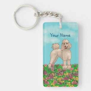 Porte-clés Aquarelle Poodle blanc aux fleurs