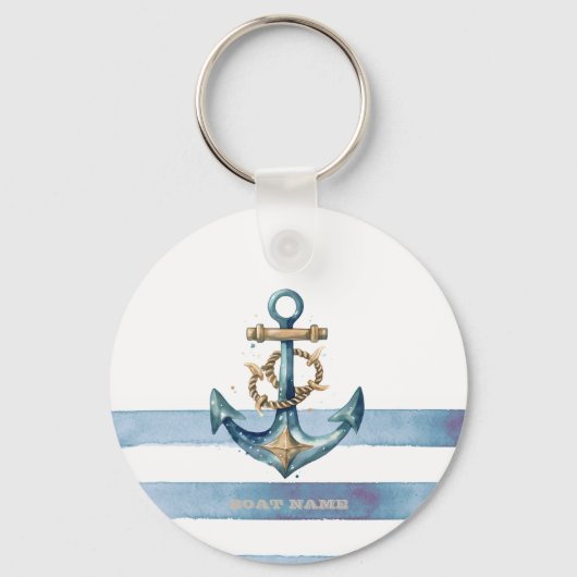 Porte-clés Aquarelle Rayures Bleu Clair Ancre Nautique (Recto)