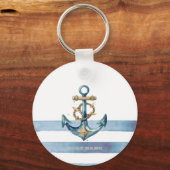 Porte-clés Aquarelle Rayures Bleu Clair Ancre Nautique (Recto)
