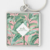 Porte-clés Aquarelle rose banane tropicale Feuilles Monogramm (Devant)