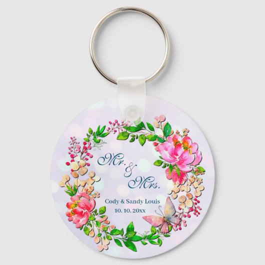 Porte-clés Aquarelle rose floral et papillon printemps lancer (Recto)
