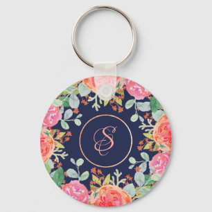 Porte-clés Aquarelle Rose Floral Marine Parties scintillant M