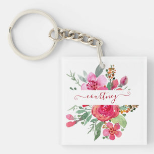 Porte-clés Aquarelle rose floral personnalisé