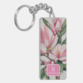 Porte-clés Aquarelle rose Magnolia Art moderne Monogramme (Devant gauche)