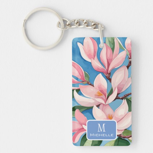 Porte-clés Aquarelle rose Magnolia Art moderne Monogramme ble (Devant)