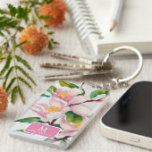 Porte-clés Aquarelle rose Magnolia Monogramme botanique (Devant droit)