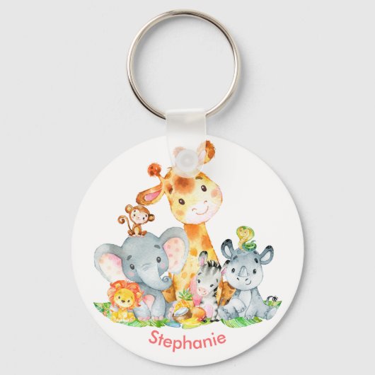 Porte-clés Aquarelle rose mignonne Safari Jungle Animaux (Recto)
