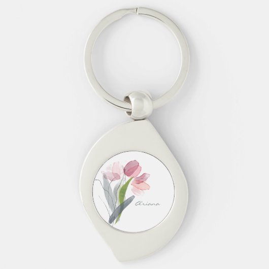 Porte-clés Aquarelle rose pâle Tulipes florales Nom blanc (Devant)