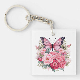 Porte-clés Aquarelle rose rétro Papillon et fleurs