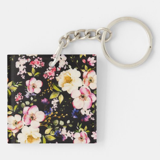 Porte-clés Aquarelle rose Roses Jaunes Arrière - plan noir (Dos)