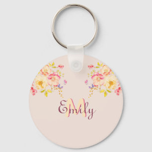 Porte-clés Aquarelle Roses Jaunes Rose, Monogramme