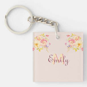 Porte-clés Aquarelle Roses Jaunes Rose, Monogramme