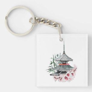 Porte-clés Aquarelle Sakura Blossom Bambou Temple japonais