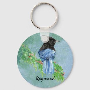 Porte-clés Aquarelle Stellar Jay Bird Nom personnalisé Nature