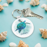 Porte-clés Aquarelle Tortue de mer Personnalisée<br><div class="desc">Personnalisez ce mignon porte - clé côtier avec une mignonne tortue de mer aquarelle sur une vague d'océan.</div>