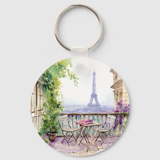 Porte-clés Aquarelle Tour Eiffel Paris Café français (Recto)
