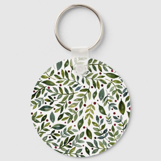 Porte-clés Aquarelle verte branches saisonnières et baies (Verso)