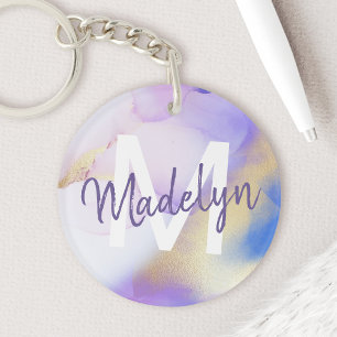 Porte-clés Aquarelle violet Abstrait Girly Luxury Monogramme