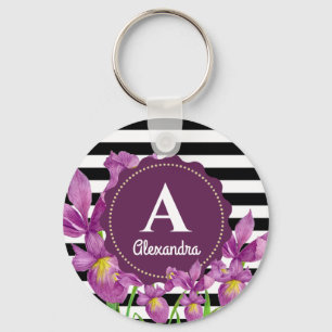 Porte-clés Aquarelle violet Iris Floral Noir Blancs