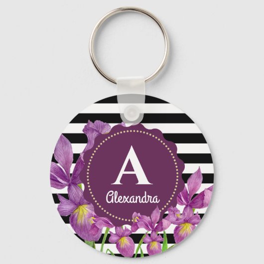 Porte-clés Aquarelle violet Iris Floral Noir Blancs (Recto)