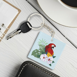 Porte-clés Ara Macao Rouge Perroquet Tropical Hibiscus Floral