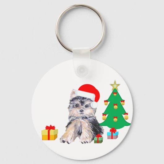 Porte-clés Arbre de Noël, Chien chiot du Yorkshire & cadeaux (Recto)