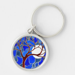 Porte-clés Arbre et lune sur la toile - bleu