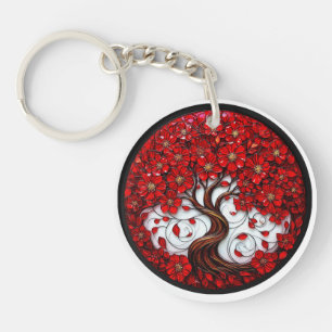 Porte-clés Arbre Fleur Rouge Vibrant avec des Détails Élégant