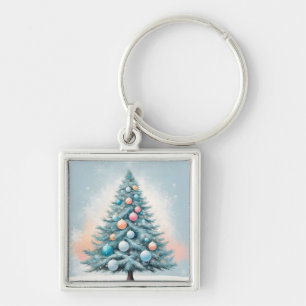 Porte-clés Arbre pin vert & flocons de neige   Corail orange 