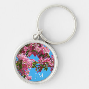 Porte-clés Arbre rose fleuri et Initiales Ciel bleu