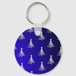 Porte-clés Arbres de Noël Argent sur Bleu Cobalt