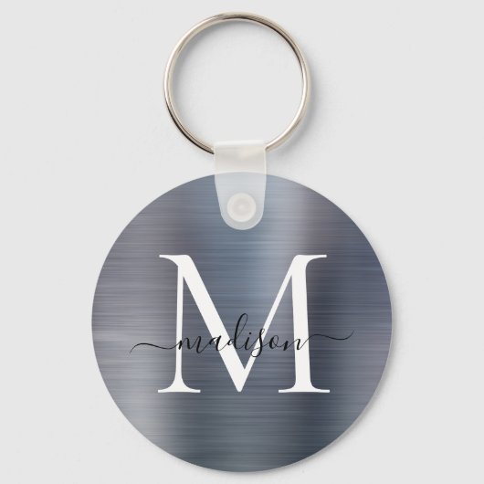 Porte-clés Argent Gris brossé Métal Girly Script Monogramme (Recto)