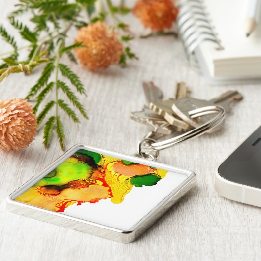 Porte-clés art Abstrait alcool encre jaune vert (Côté)