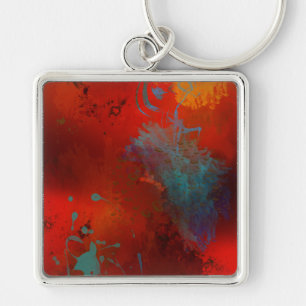 Porte-clés Art abstrait numérique grunge rouge, aqua et or