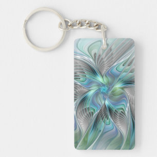 Porte-clés Art abstrait papillon bleu vert fantasy fractal
