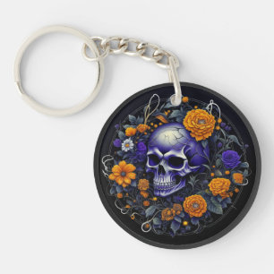 Porte-clés Art AI de crâne personnalisé et de fleurs orange
